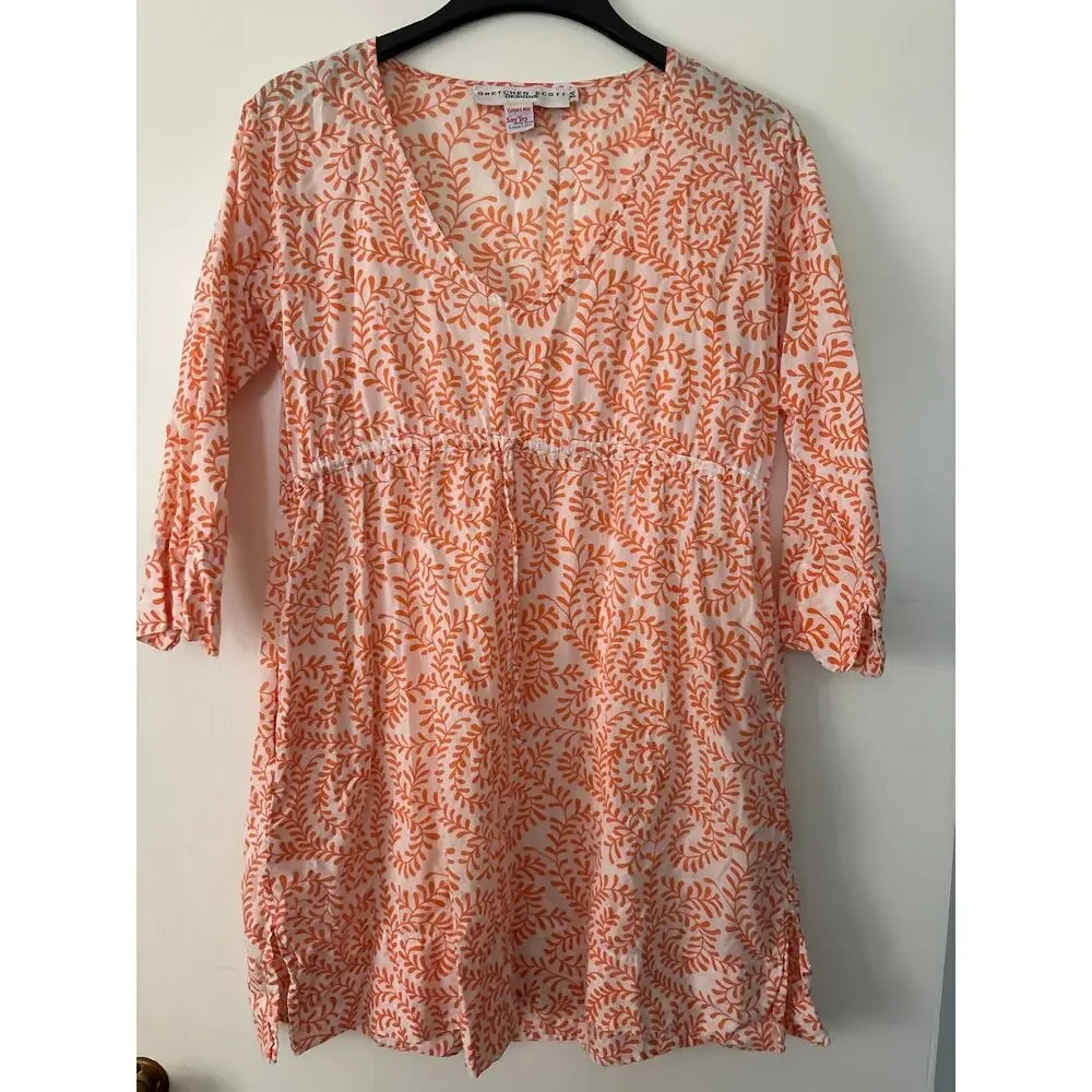 Gretchen Scott Designs Tie Waist Tunic Cover Up Medium Vine Print Resort Cruise